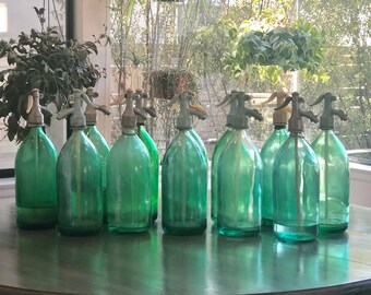 Vintage  Emerald Green,  Medium Green Seltzer Bottles purchased in Europe, with original Spigot and straw,