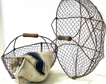 Vintage French handmade Wire Basket with Wood Handle, Without Wood Handle