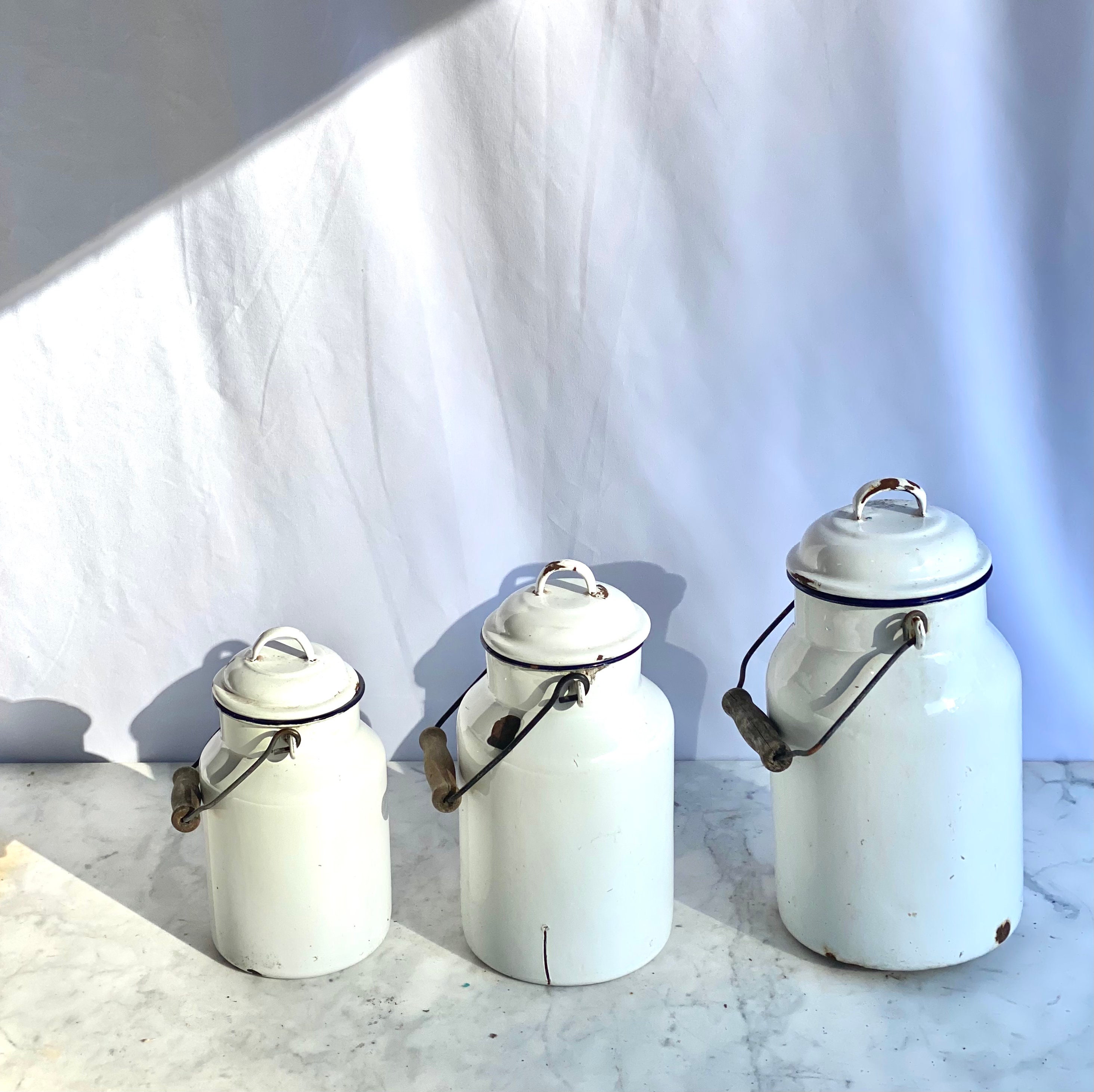 Vintage Enamel Milk Jugs with Lid and Handle Etsy