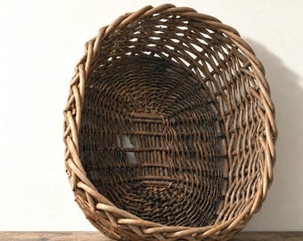 Vintage Hand Woven French Market Basket, Large Wicker Grocery Carrier, Lavender Harvest Basket