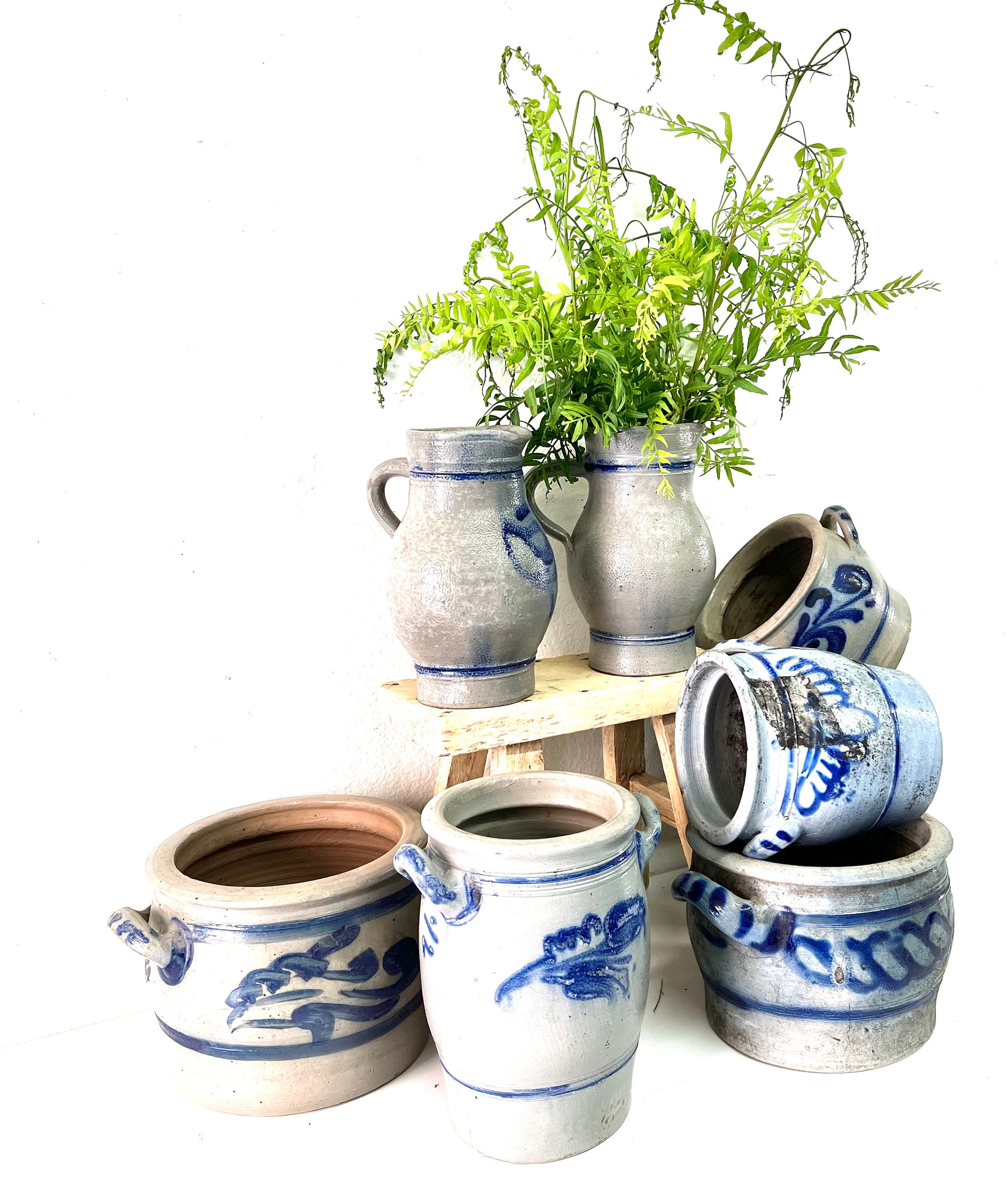 Vintage European Blue and White, Gray and White Crockery, Pots, Jar