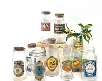 Vintage French Candy Jar with Label, Apothecary Glassware, 10" Tall