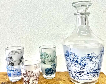 Vintage European Carafe and Shot glasses, Vintage Barware