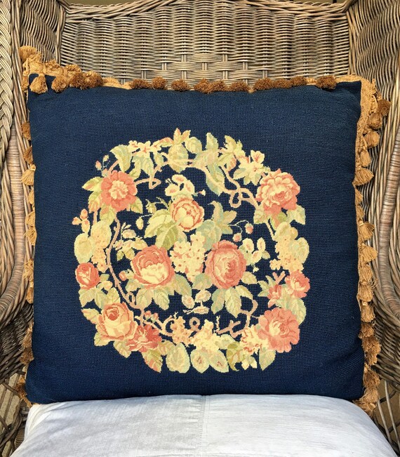 Vintage Navy Blue Needlepoint Petit Point Pillow Handmade Late Etsy