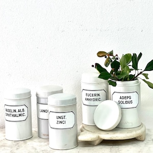 SET OF TWO French vintage White Pharmacy Jars, Heavy, Original Labels