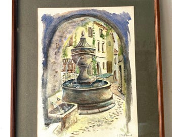 Vintage French Watercolor Painting, Provence Village Fountain Landscape, 1930s Art