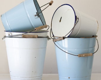 Vintage European White Enamel Pail with wooden Handle, White Enamel with Blue highlights