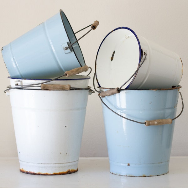 Vintage European White Enamel Pail with wooden Handle, White Enamel with Blue highlights