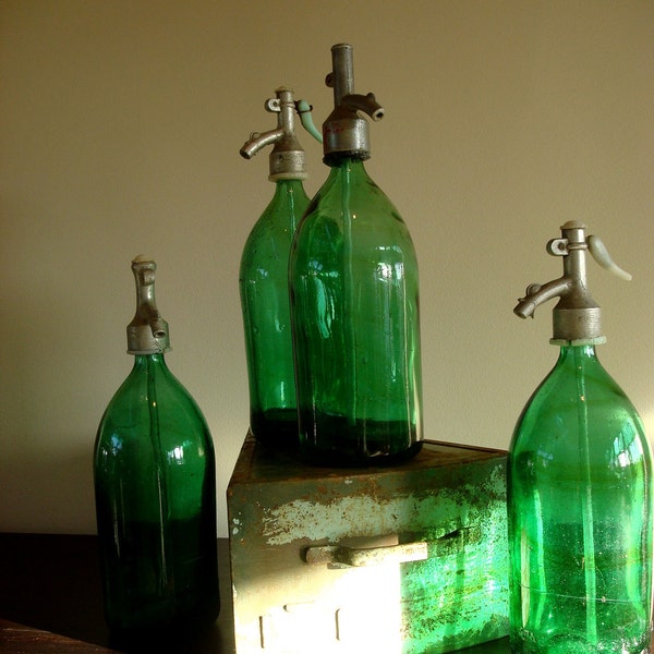 Vintage Green Seltzer Bottles purchsed in Europe, with original Spigot and straw