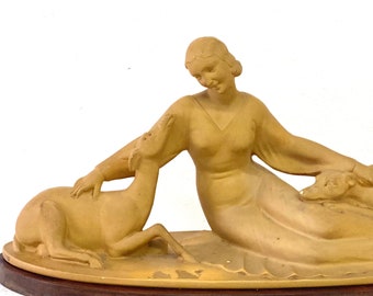 Beautiful vintage Art Nouveau Sculpture, Lady with Fawn and Irish Wolfhound