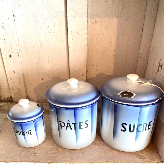 Vintage French Enamel Canister Set of Four in White with Blue Art Nouveau Design