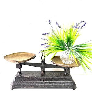 May include: A vintage cast iron balance scale with two circular brass pans. The base is dark, textured metal with embossed lettering. A clear, faceted glass vase containing green grass-like foliage and purple lavender sprigs sits on the right pan.
