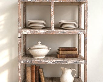 Vintage French Limed wood Cabinet, Hutch, Display Cupboard, Large Three Shelf Storage