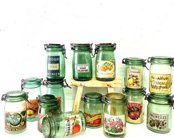 Vintage französische l'Idele-Einmachgläser, Durfor Green Glass Französische Einmachgläser, Le Parfait-Einmachgläser