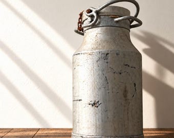 Vintage European Brass Milk Jug, Aged Patina Farm Pail (17" x 8")