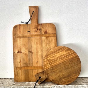 Set of Two Repurposed Vintage Wood Bread Boards, Rectangle and Round Shapes