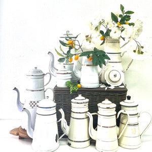 Vintage French Pitcher, Enamel Pitcher, enamel White Enamel Pitcher