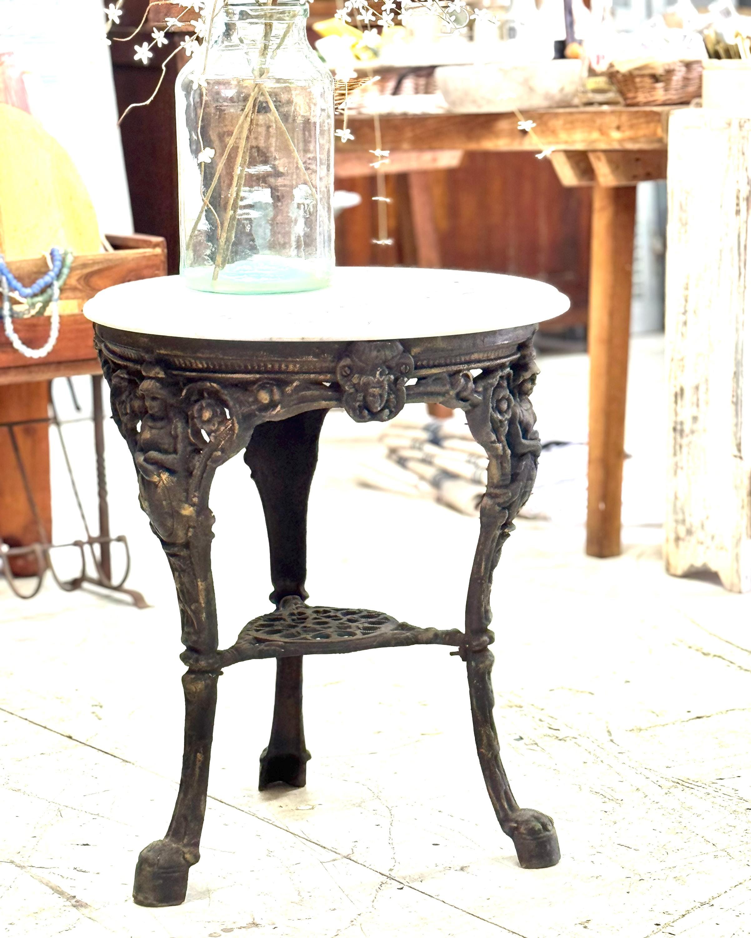 Vintage French Marble Bistro Table, Iron Base, French Marble Round