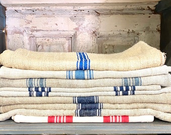 Vintage French grain sacks, blue and white grain sack, navy blue and white, red and white grain sack