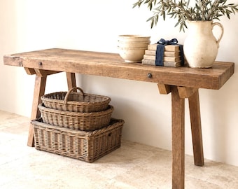 Vintage French Trestle Table, Aged Patina, Original Hardware, 3" Plank Top, Handmade
