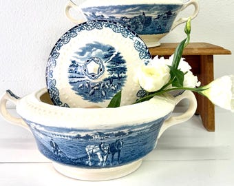 Vintage Ironstone Dutch Tureen, farm scene, blue and white details