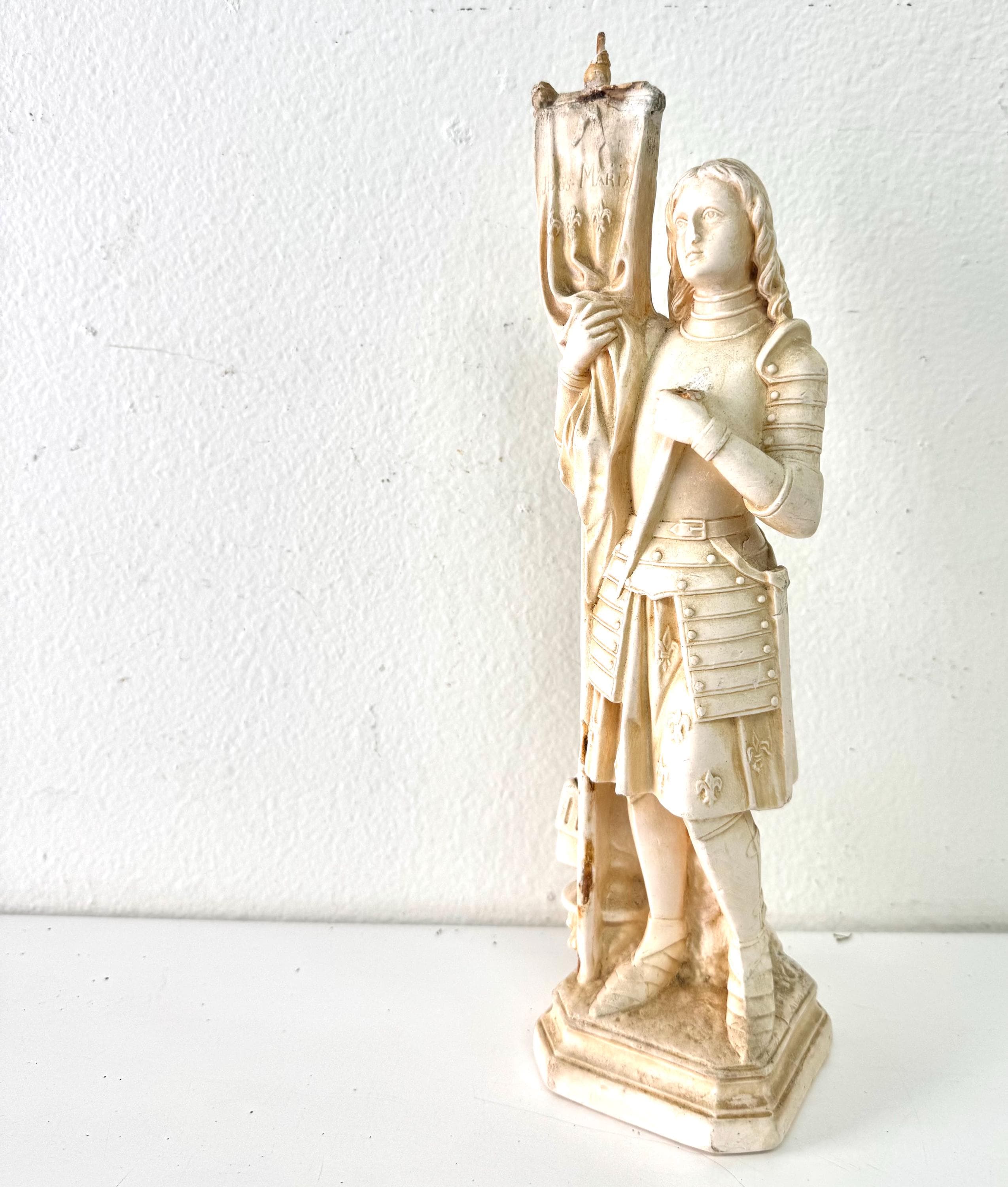 Vintage French Statue Joan of Arc, Joan de Arc with Flag, French