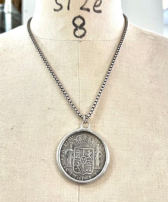 Vintage handmade French Coin Necklace, Silver Tone