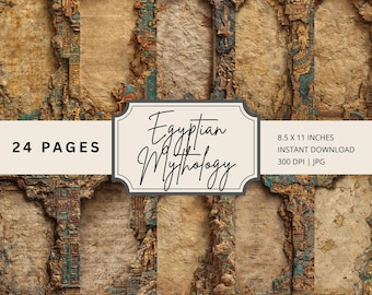 May include: A digital download featuring 24 pages of Egyptian mythology-themed artwork. The image showcases detailed illustrations of ancient Egyptian architecture and hieroglyphs, with the text "Egyptian Mythology" and "8.5 x 11 inches" visible.