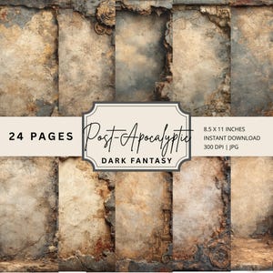 May include: A digital paper pack featuring a post-apocalyptic theme with a dark fantasy aesthetic. The image shows 24 pages with a distressed, aged look in shades of brown, gray, and beige. The text on the image reads "Post-Apocalyptic Dark Fantasy".