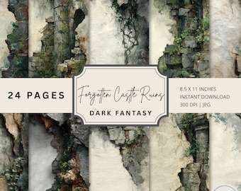 May include: A digital art print featuring 24 pages of "Forgotten Castle Ruins" in a dark fantasy theme. The artwork showcases weathered stone walls, arches, and overgrown vegetation. The print is 8.5 x 11 inches and available as an instant download.