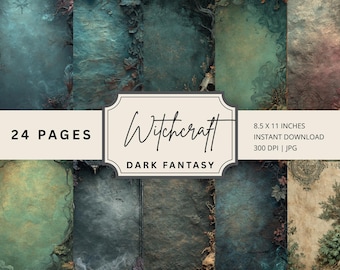 May include: A collection of 24 digital pages with a dark fantasy theme. The pages feature a variety of textures and colors, including teal, brown, and gray. The image includes the text "Witchcraft Dark Fantasy" and "8.5 X 11 INCHES".