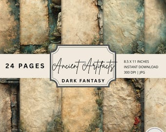 May include: A digital download featuring 24 pages of ancient artifact designs with a dark fantasy theme. The pages are 8.5 x 11 inches and include a variety of aged paper textures, stone, and plant life. The image includes the text "Ancient Artifacts" and "Dark Fantasy".