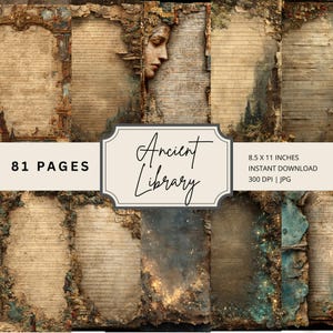 May include: A digital collage featuring antique paper textures with handwritten script, stone architectural elements, and a classical bust. The text "Ancient Library" is displayed on a cream-colored label, along with "81 pages" and dimensions of 8.5 x 11 inches.