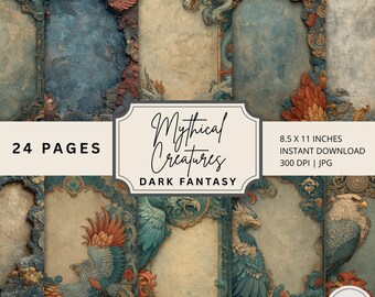May include: A digital download featuring 24 pages of dark fantasy art. The pages showcase ornate frames with mythical creatures like dragons and phoenixes. The artwork is 8.5 x 11 inches and is an instant download in JPG format.