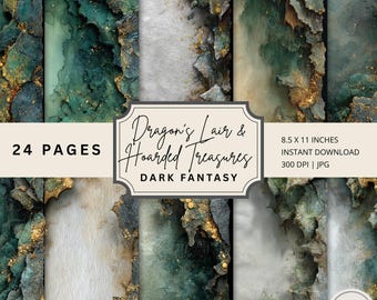 May include: A digital paper pack featuring 24 pages with a dark fantasy theme. The designs include abstract textures in shades of green, gold, and gray. The text on the image reads "Dragon's Lair & Hoarded Treasures" and "8.5 X 11 INCHES".