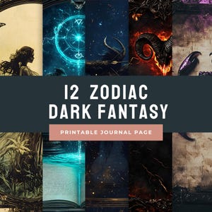 12 Zodiac Junk Journal Pages – Dark Fantasy Printable Kit, Digital Download with Writing Space, Unique Celestial Journal Ephemera
