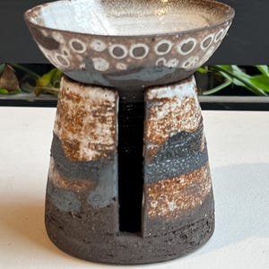 Handcrafted Pottery Oil Burner: Textured White Glaze, Iron Oxide Splashes