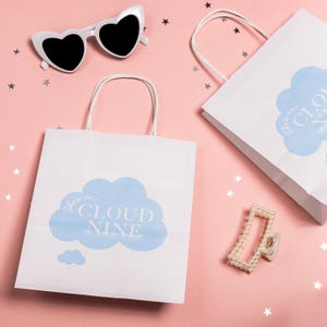 May include: White paper gift bags with the phrase "Cloud Nine" in light blue, heart-shaped sunglasses, and a pearl hair clip, set against a pink backdrop with star confetti.