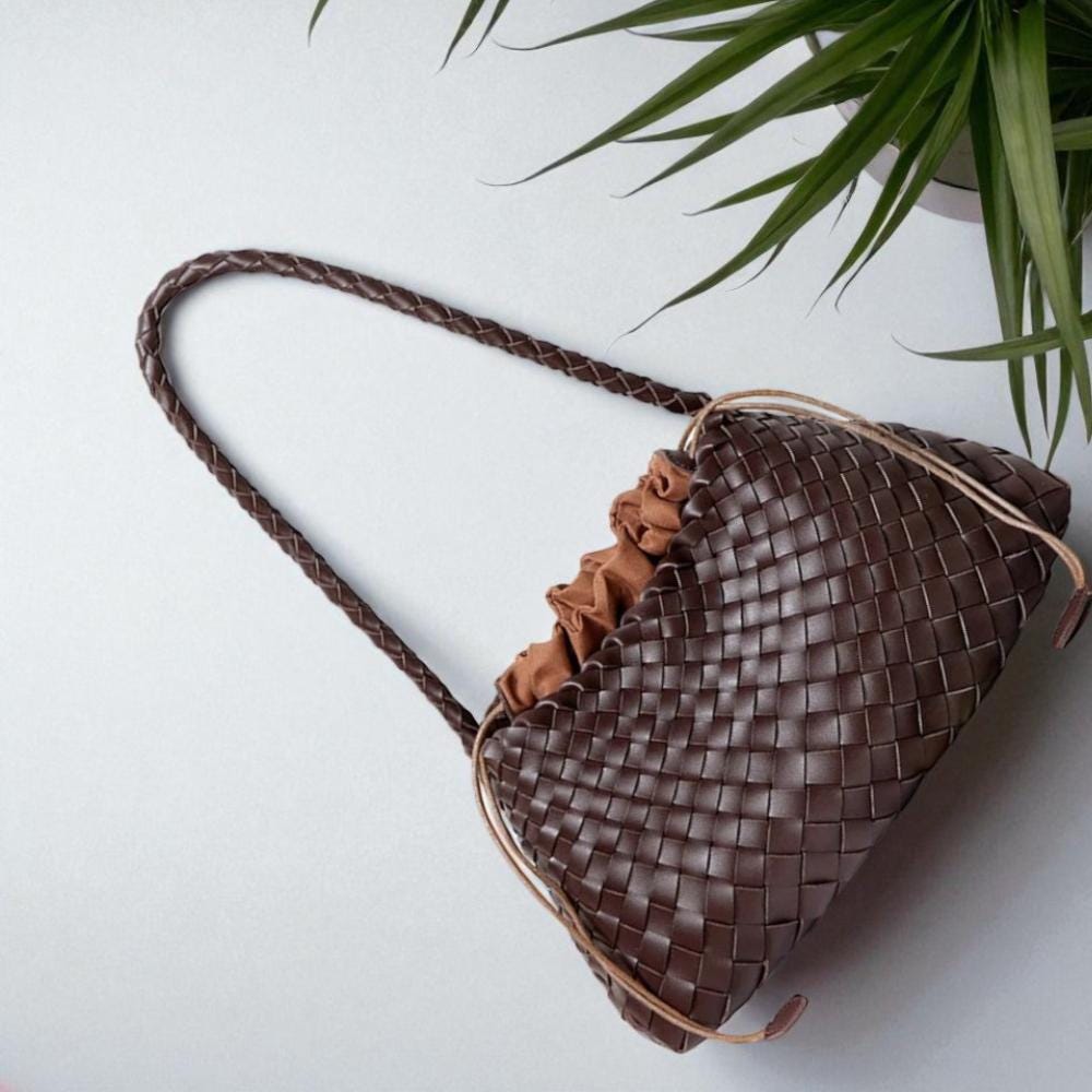 Coffe Woven Leather Shoulder Bag – Trendy Baguette Purse, Boho Crossbody Style, Minimalist Clutch, Unique Gift for Her