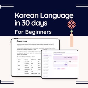 May include: A digital educational guide titled Korean Language in 30 days For Beginners, featuring two tablet screens displaying Korean grammar lessons on pronouns and verb practice, accented by a decorative pink hanging knot ornament.