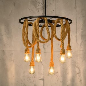 Industrial Hemp Rope Pendant Light, Retro Iron Chandelier, Multi Head Hanging Lamp