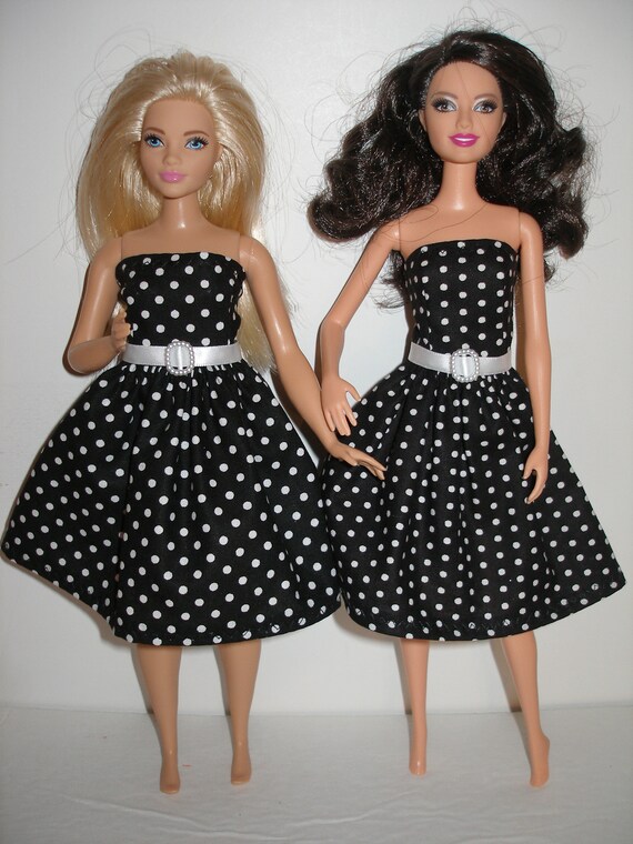 Handmade fashion doll clothes Regular 11.5 Tall Curvy or Petite sizes available Strapless Black and White Polka dot dress w belt