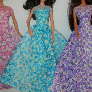 Handmade 11.5&#39; Fashion doll clothes - Spring pink, purple or blue floral print gown with boa