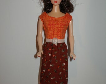 Handmade 11.5" fashion doll clothes - Orange and Brown Floral Dress