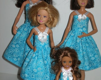 Handmade 11.5" fashion doll and sisters clothes - 4 fashion doll sisters turquoise blue and white floral dresses