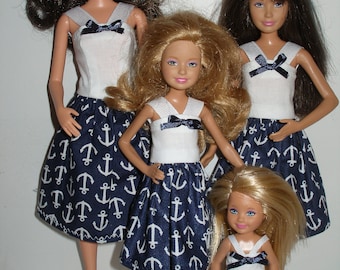 Handmade 11.5" fashion doll and sisters clothes - 4 fashion doll sisters Navy Blue and White Anchor print dresses