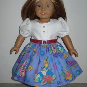 Handmade dress for 18 inch doll clothes - White and purple alice in wonderland print dress w/pink shoes
