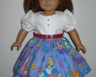 Handmade dress for 18 inch dolls fits like an American Girl doll clothes - White and purple alice in wonderland print dress w/pink shoes