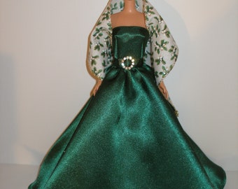 Handmade 11.5" fashion doll clothes -  Green Satin Gown w/choice of Print Stole