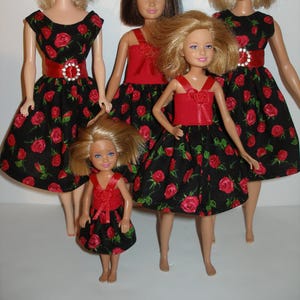 Handmade fashion doll clothes - 4 fashion doll sisters set Black and Red Roses Dresses